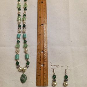 3 Piece Set of Vintage Earrings & Necklace Green/Blue Acrylic Beaded Jewelry #20